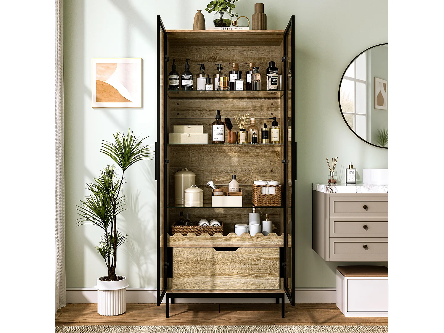 Vitrine/Meuble de salle de bains 75x35x170.5 cm - avec 2 portes vitrées et 1 tiroir - étagère en verre réglable en hauteur - Naturel