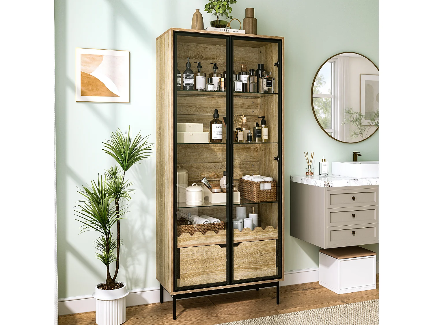 Vitrine/Meuble de salle de bains 75x35x170.5 cm - avec 2 portes vitrées et 1 tiroir - étagère en verre réglable en hauteur - Naturel
