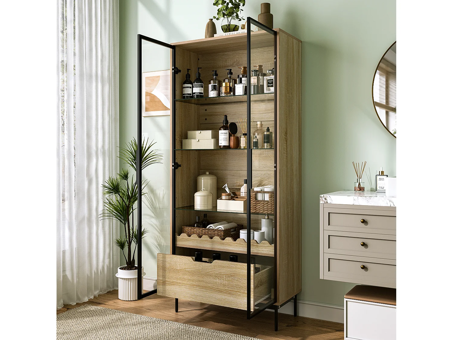 Vitrine/Meuble de salle de bains 75x35x170.5 cm - avec 2 portes vitrées et 1 tiroir - étagère en verre réglable en hauteur - Naturel