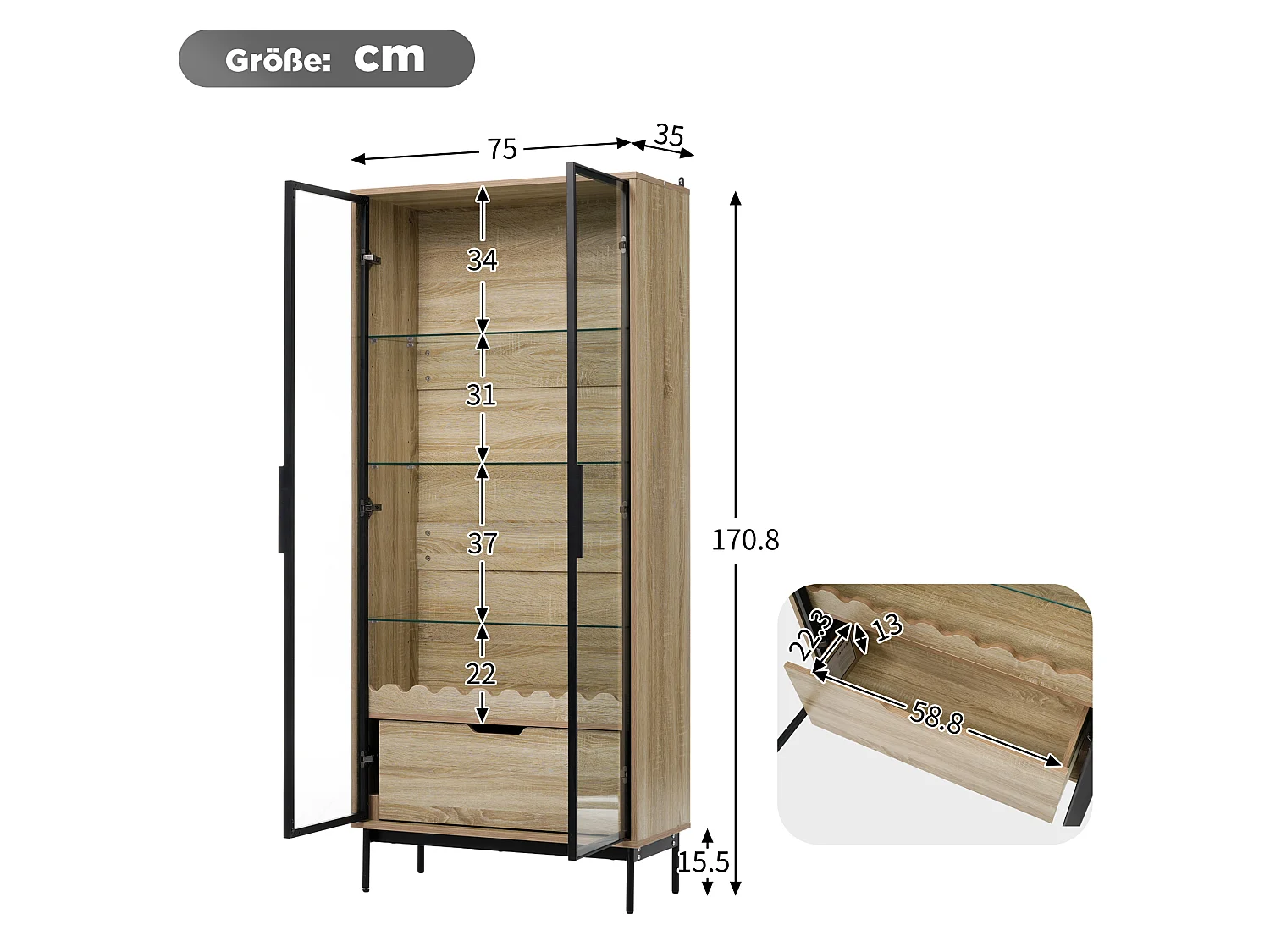 Vitrine/Meuble de salle de bains 75x35x170.5 cm - avec 2 portes vitrées et 1 tiroir - étagère en verre réglable en hauteur - Naturel