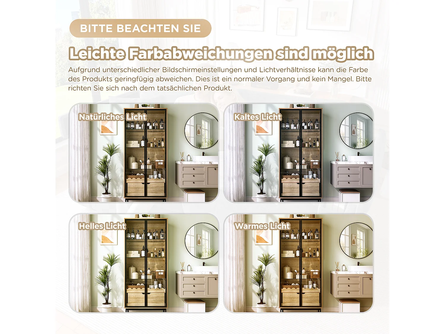 Vitrine/Meuble de salle de bains 75x35x170.5 cm - avec 2 portes vitrées et 1 tiroir - étagère en verre réglable en hauteur - Naturel