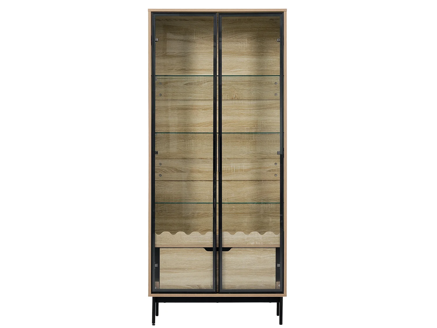 Vitrine/Meuble de salle de bains 75x35x170.5 cm - avec 2 portes vitrées et 1 tiroir - étagère en verre réglable en hauteur - Naturel