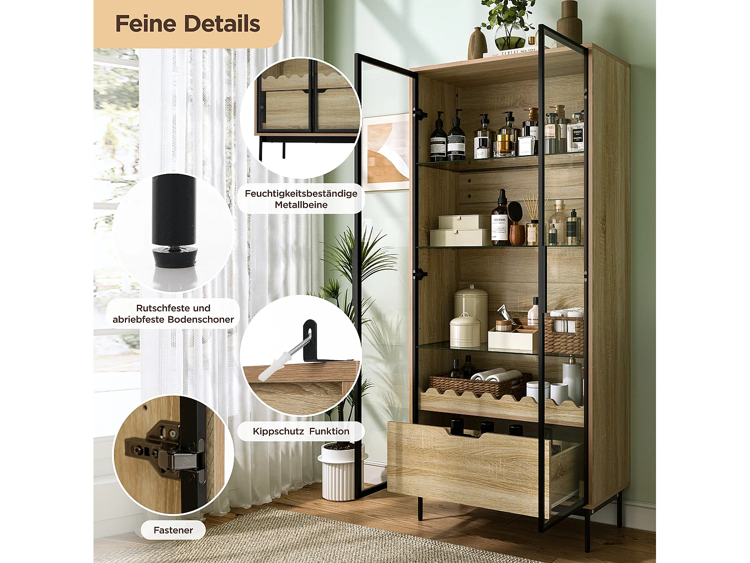 Vitrine/Meuble de salle de bains 75x35x170.5 cm - avec 2 portes vitrées et 1 tiroir - étagère en verre réglable en hauteur - Naturel