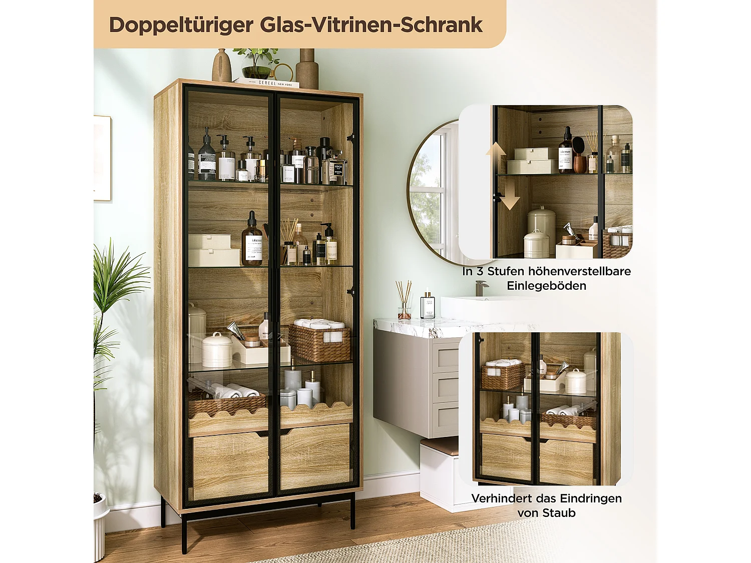 Vitrine/Meuble de salle de bains 75x35x170.5 cm - avec 2 portes vitrées et 1 tiroir - étagère en verre réglable en hauteur - Naturel