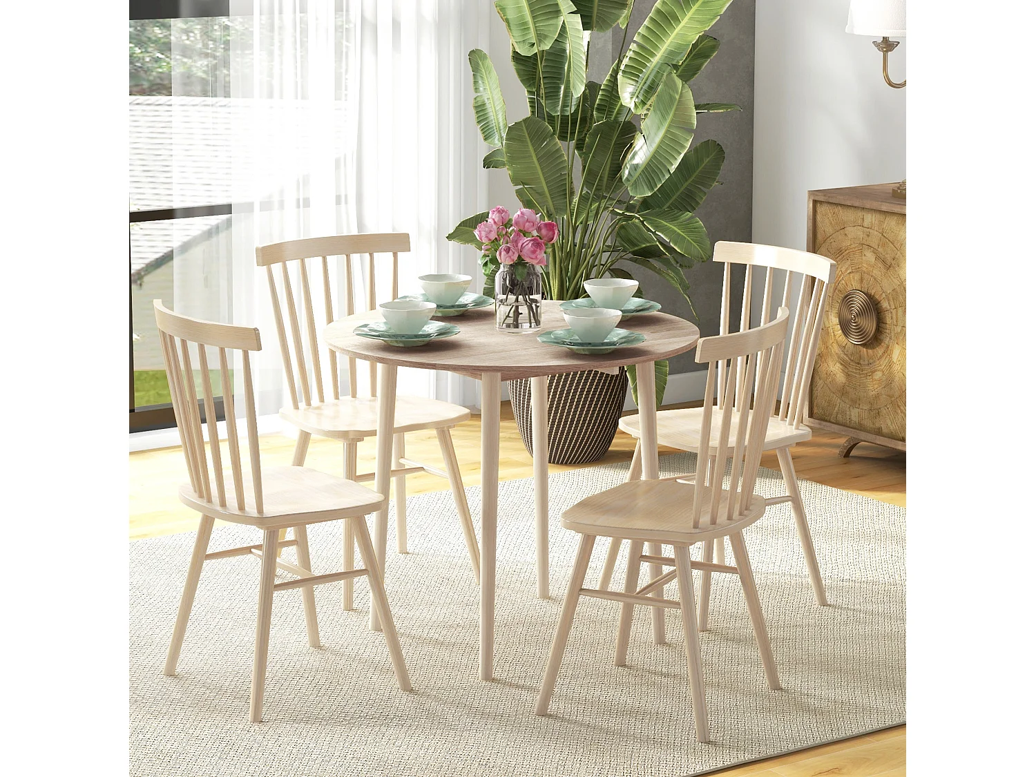 Levadifi Solid Wood Round Folding Dining Table Seats 4 Natural Finish