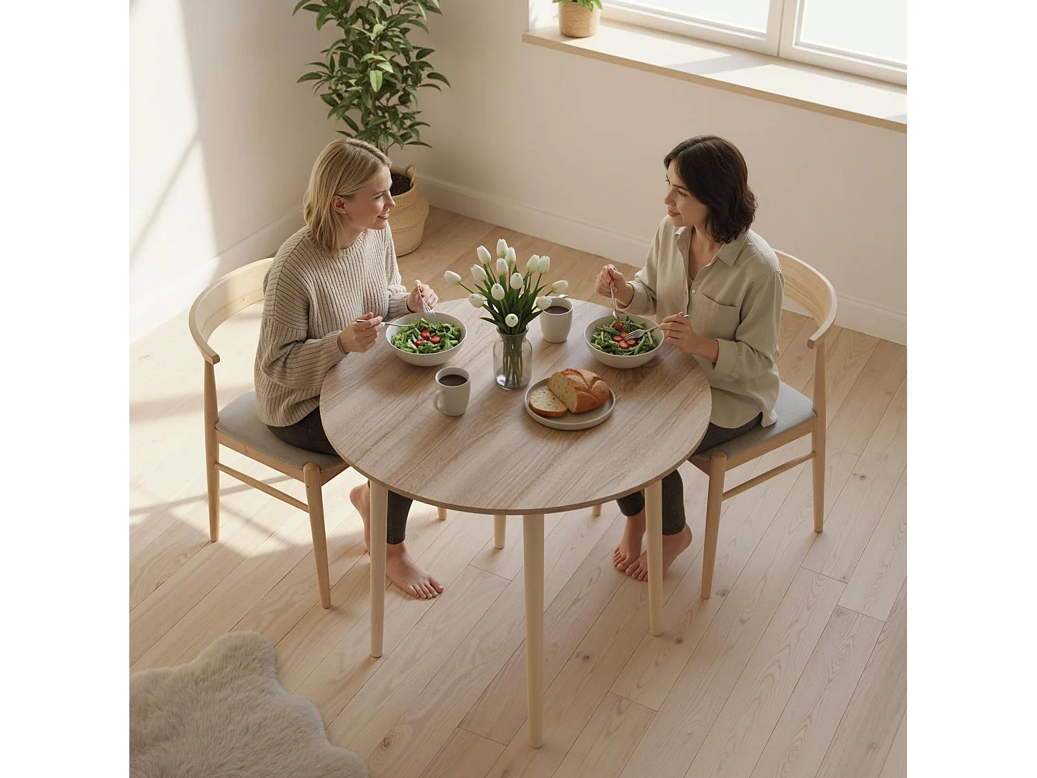 Levadifi Solid Wood Round Folding Dining Table Seats 4 Natural Finish