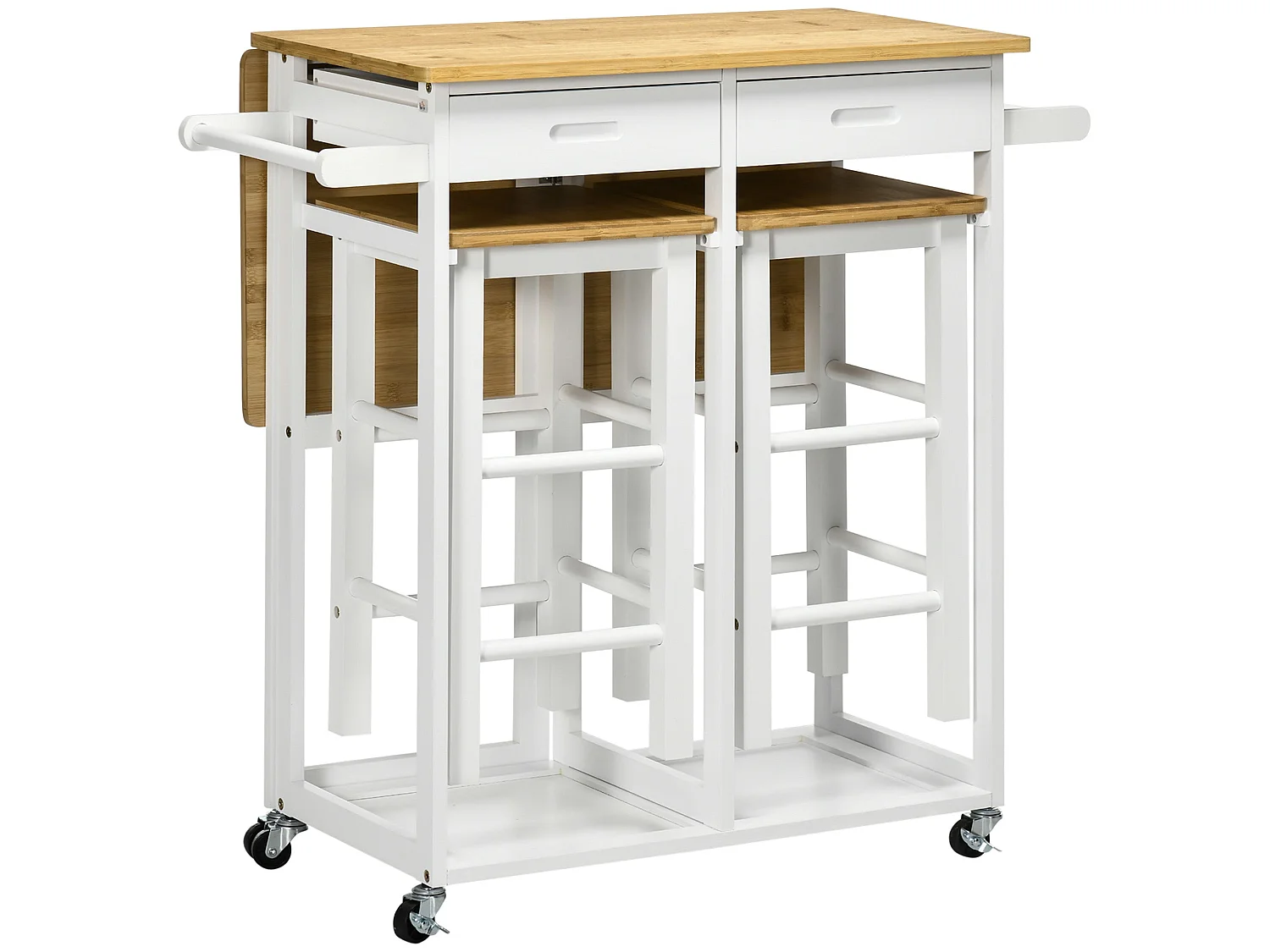 Elvami Vafa Bamboo Kitchen Island with Drop Leaf Top 2 Drawers and 2 Stools