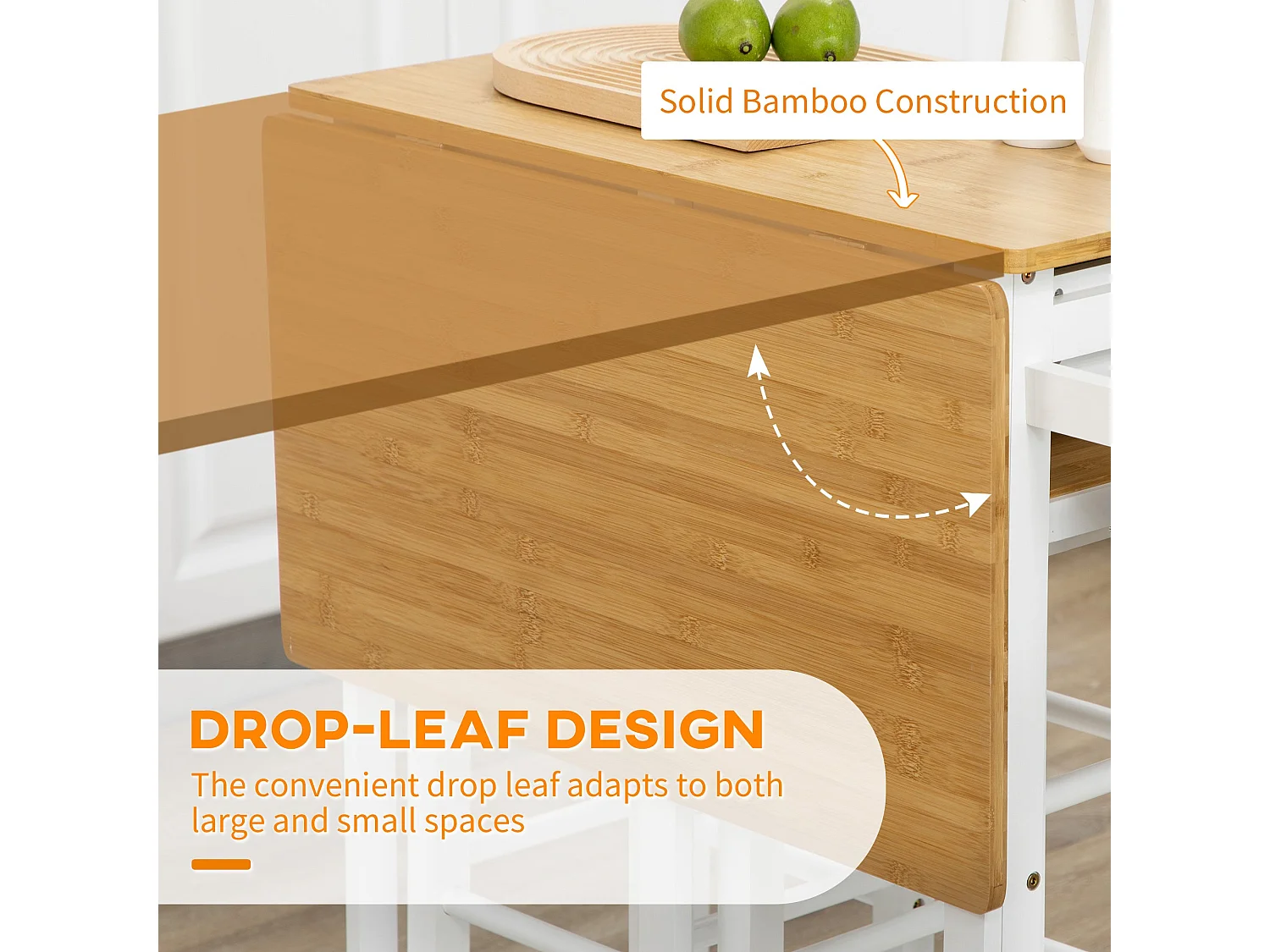 Elvami Vafa Bamboo Kitchen Island with Drop Leaf Top 2 Drawers and 2 Stools