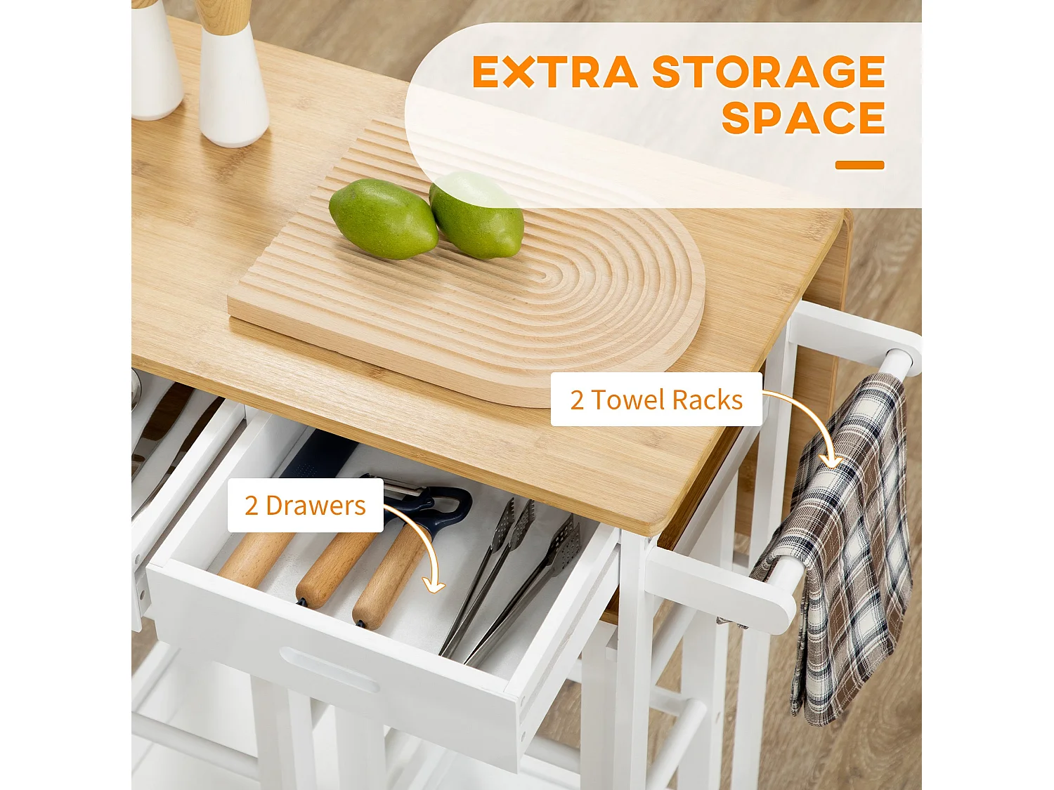 Elvami Vafa Bamboo Kitchen Island with Drop Leaf Top 2 Drawers and 2 Stools