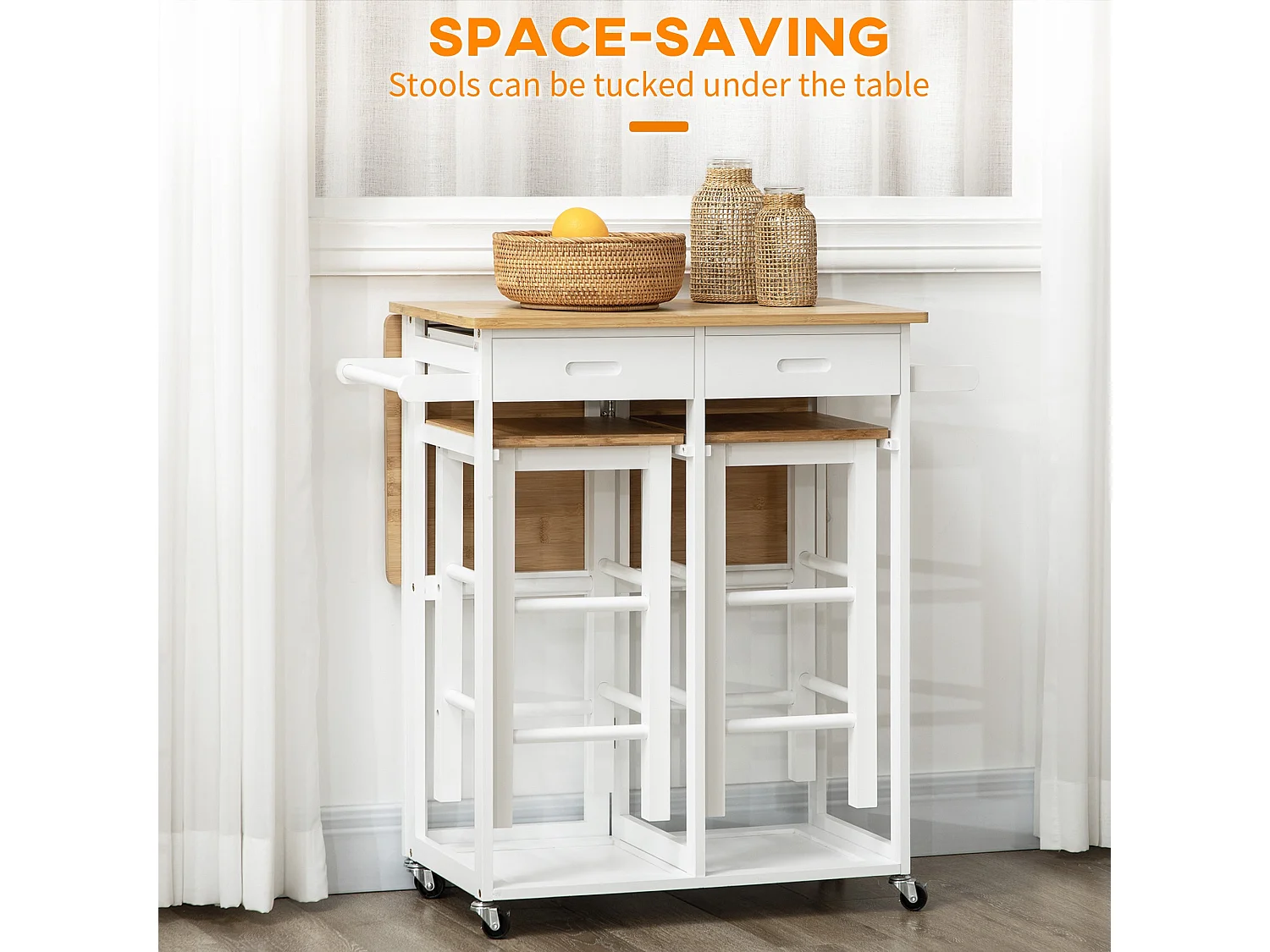 Elvami Vafa Bamboo Kitchen Island with Drop Leaf Top 2 Drawers and 2 Stools