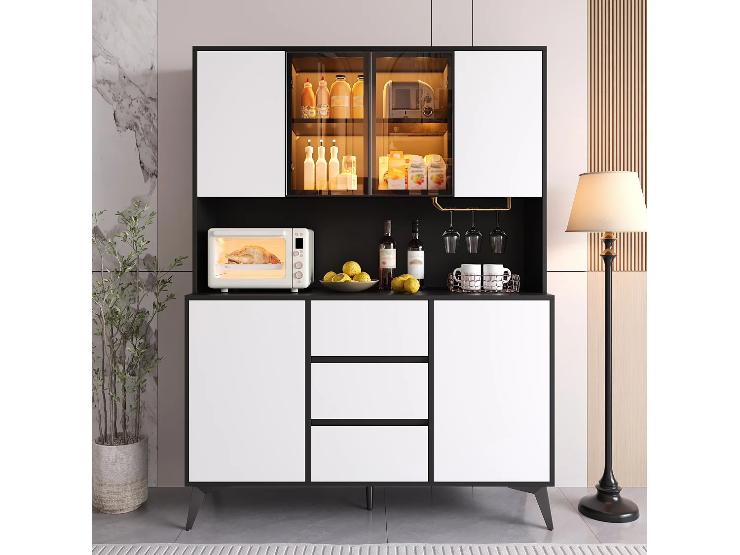Vitrine, Armoire haute 120 x 40 x 160 cm - avec éclairage LED - 3 tiroirs et 6 portes - Porte-verres doré - MDF - Blanc