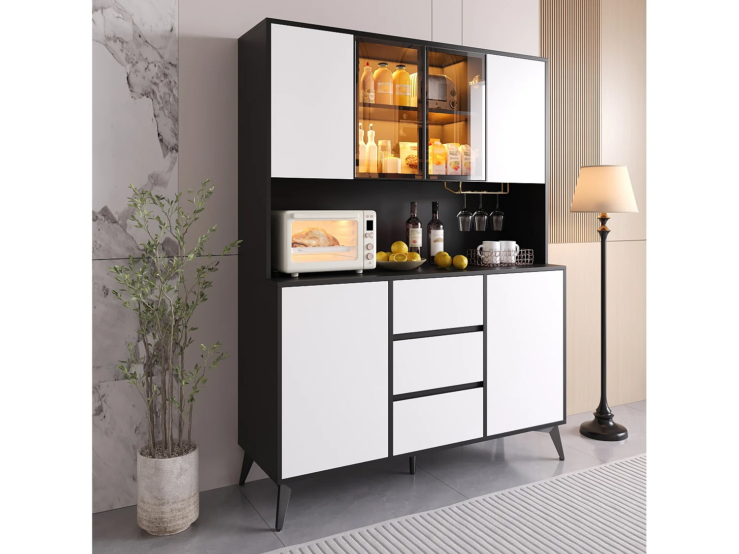 Vitrine, Armoire haute 120 x 40 x 160 cm - avec éclairage LED - 3 tiroirs et 6 portes - Porte-verres doré - MDF - Blanc