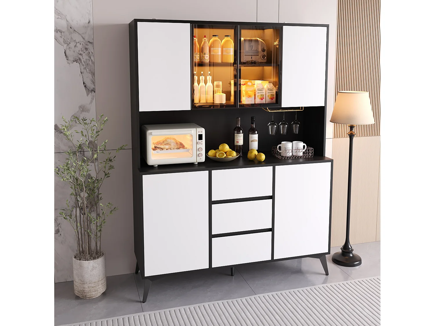 Vitrine, Armoire haute 120 x 40 x 160 cm - avec éclairage LED - 3 tiroirs et 6 portes - Porte-verres doré - MDF - Blanc