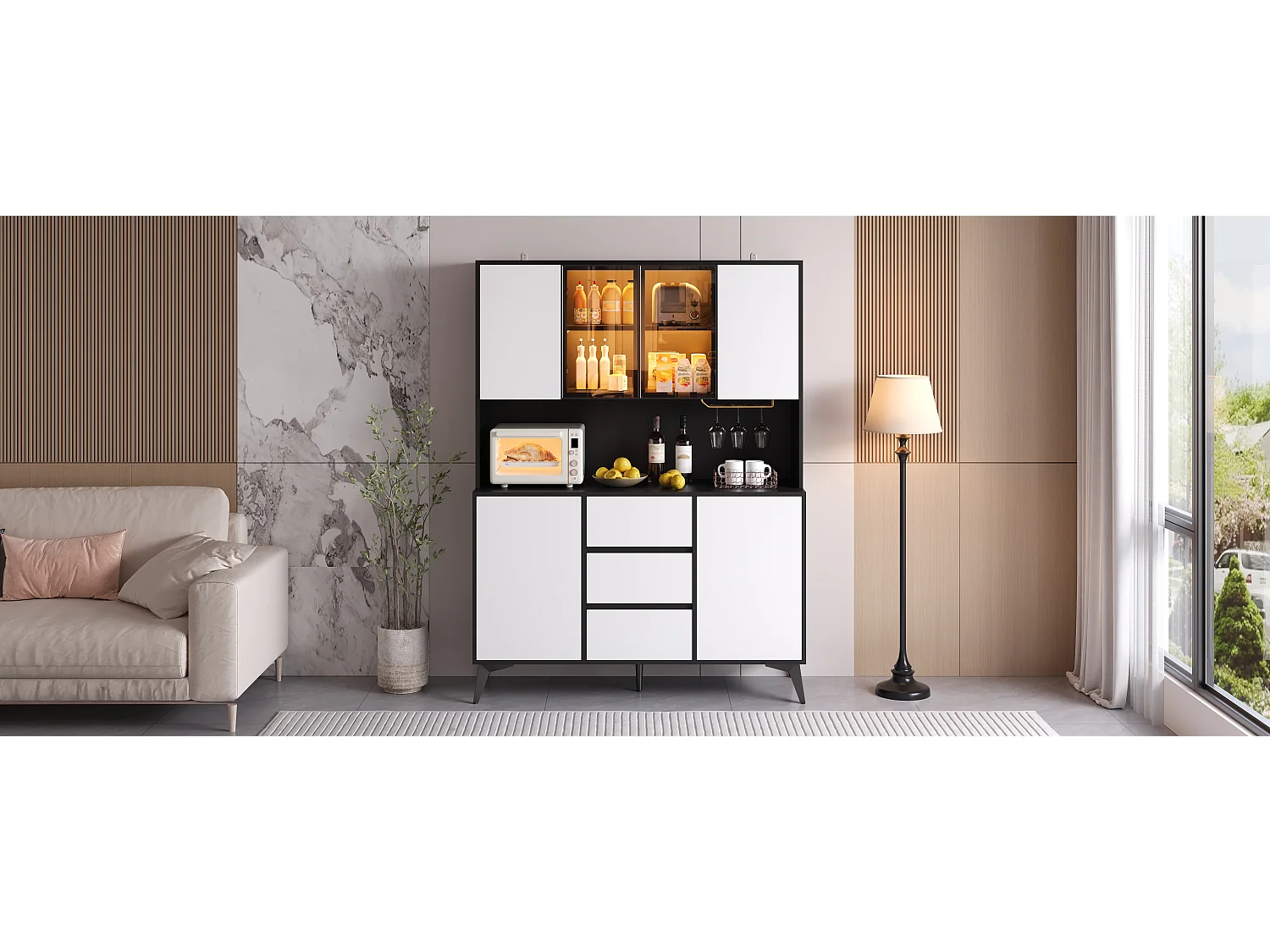 Vitrine, Armoire haute 120 x 40 x 160 cm - avec éclairage LED - 3 tiroirs et 6 portes - Porte-verres doré - MDF - Blanc