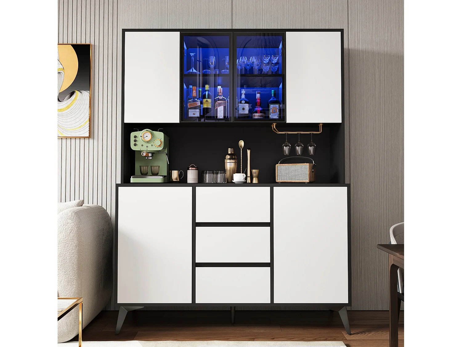 Vitrine, Armoire haute 120 x 40 x 160 cm - avec éclairage LED - 3 tiroirs et 6 portes - Porte-verres doré - MDF - Blanc