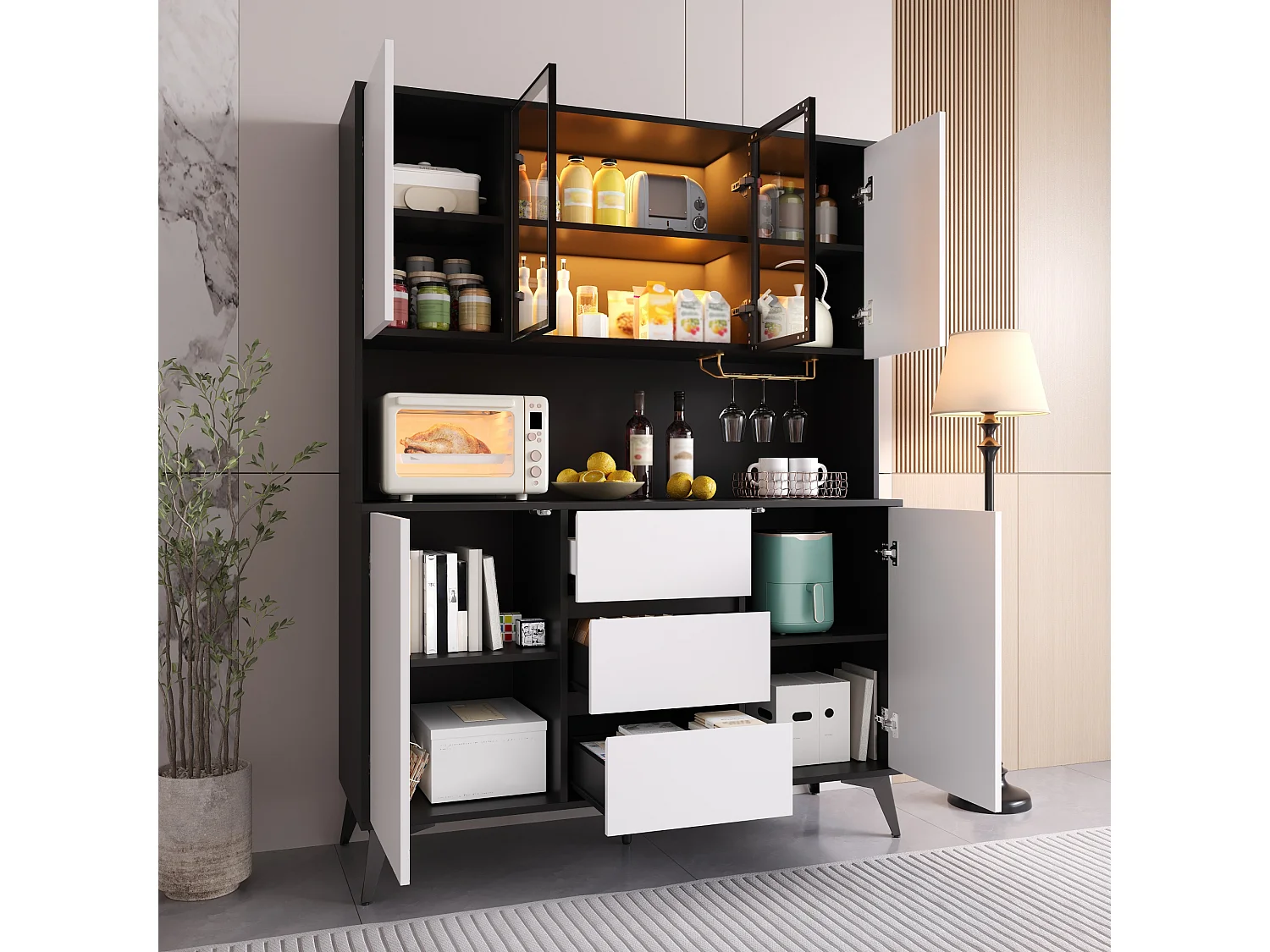 Vitrine, Armoire haute 120 x 40 x 160 cm - avec éclairage LED - 3 tiroirs et 6 portes - Porte-verres doré - MDF - Blanc