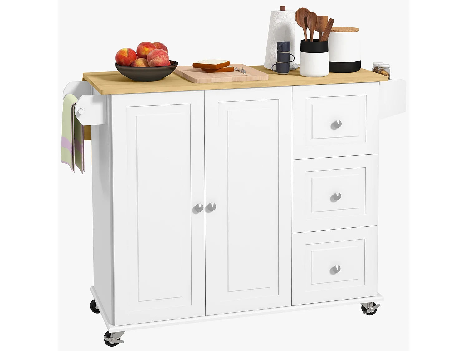 Cosoco Noli White Rolling Kitchen Island with Drop Leaf 3 Drawers Spice Rack and Towel Rail