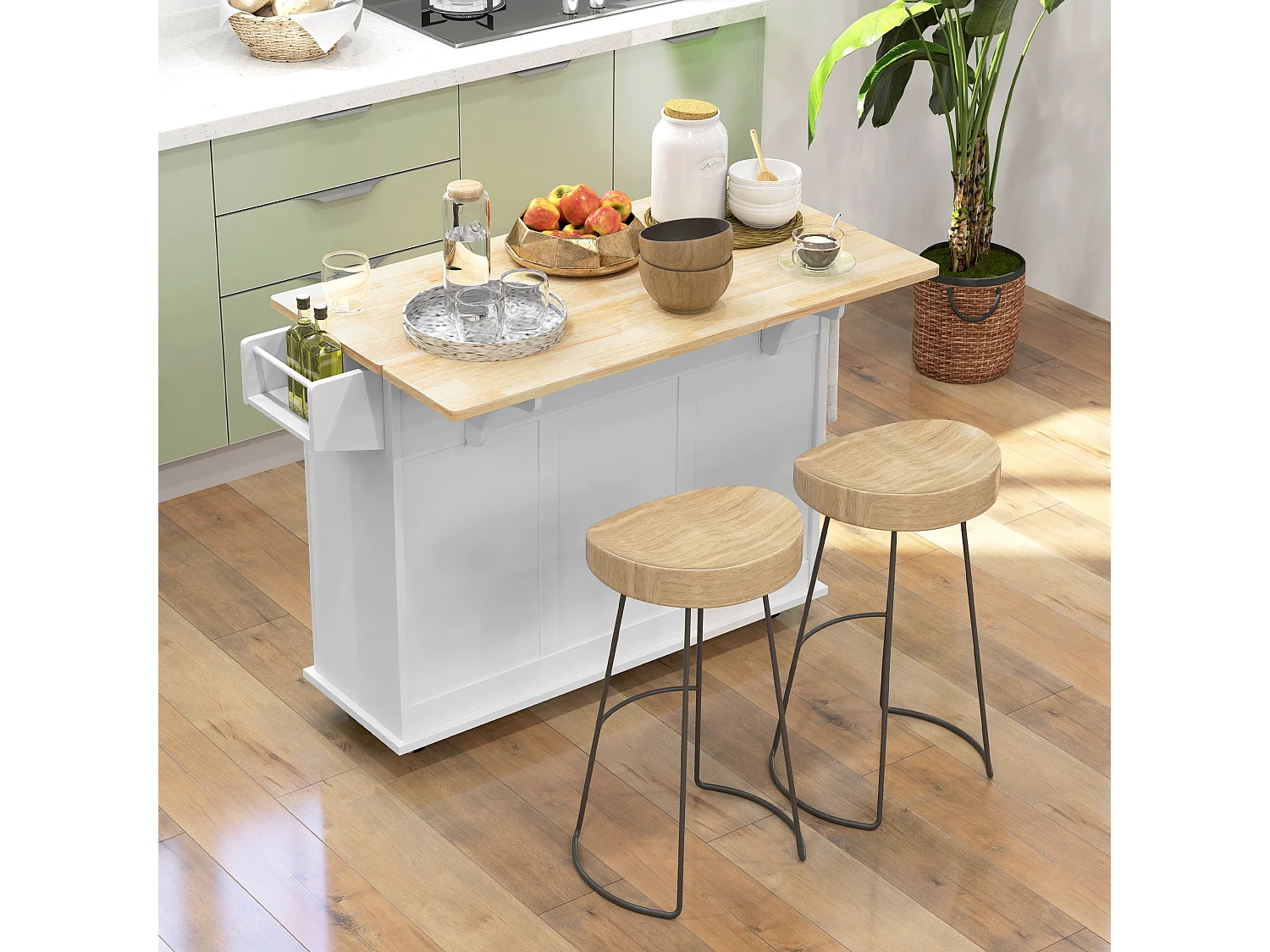 Cosoco Noli White Rolling Kitchen Island with Drop Leaf 3 Drawers Spice Rack and Towel Rail