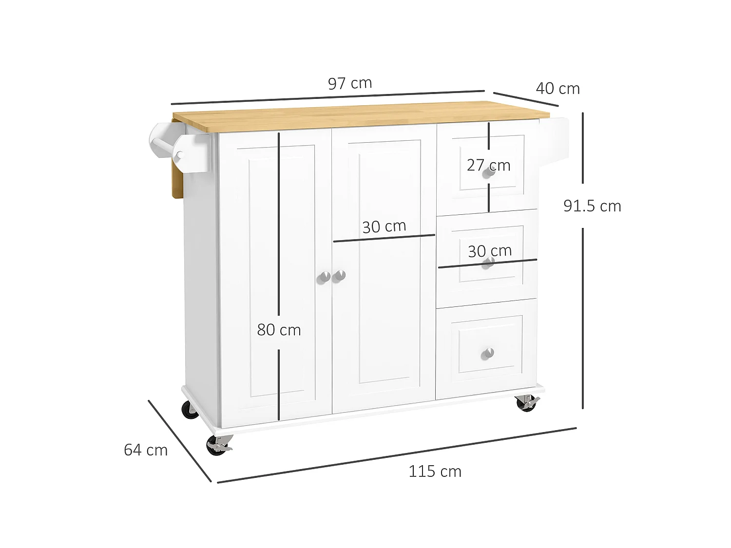 Cosoco Noli White Rolling Kitchen Island with Drop Leaf 3 Drawers Spice Rack and Towel Rail