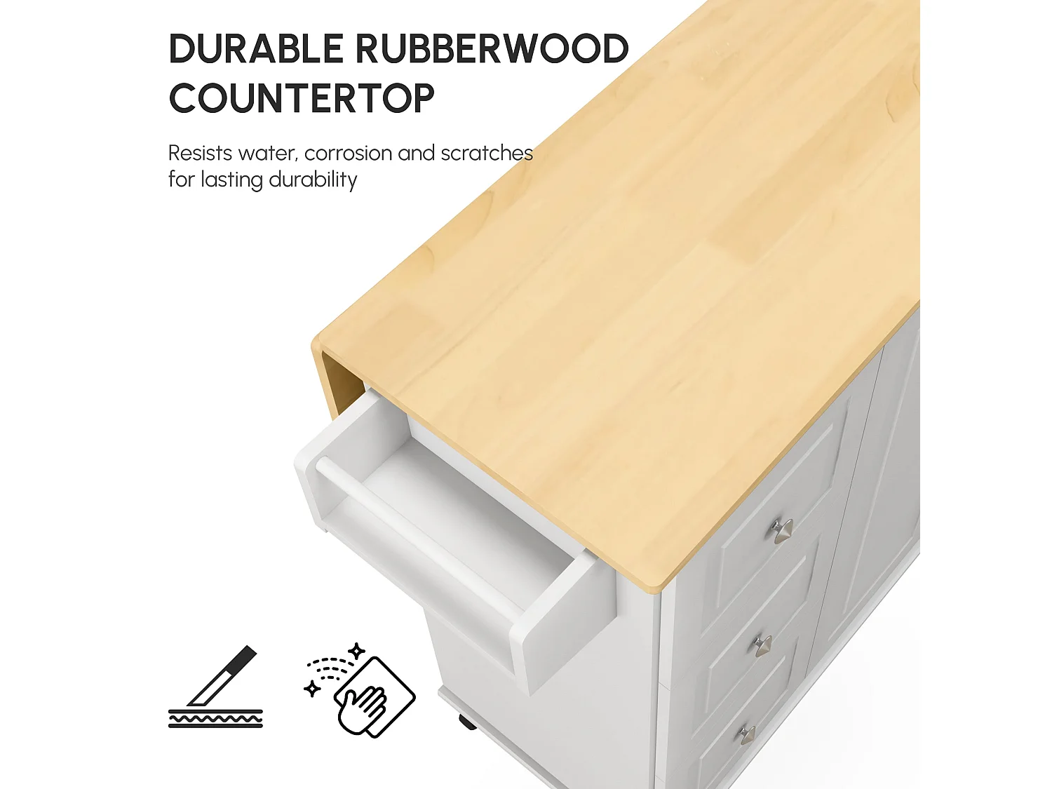 Cosoco Noli White Rolling Kitchen Island with Drop Leaf 3 Drawers Spice Rack and Towel Rail