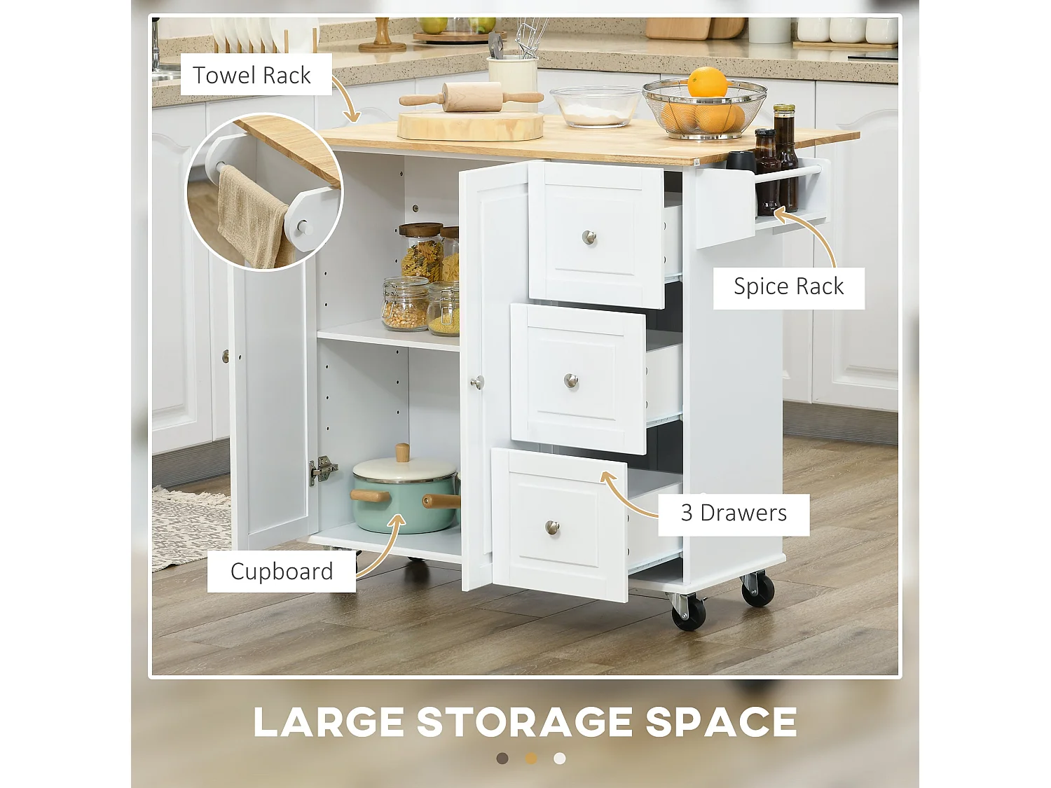 Cosoco Noli White Rolling Kitchen Island with Drop Leaf 3 Drawers Spice Rack and Towel Rail