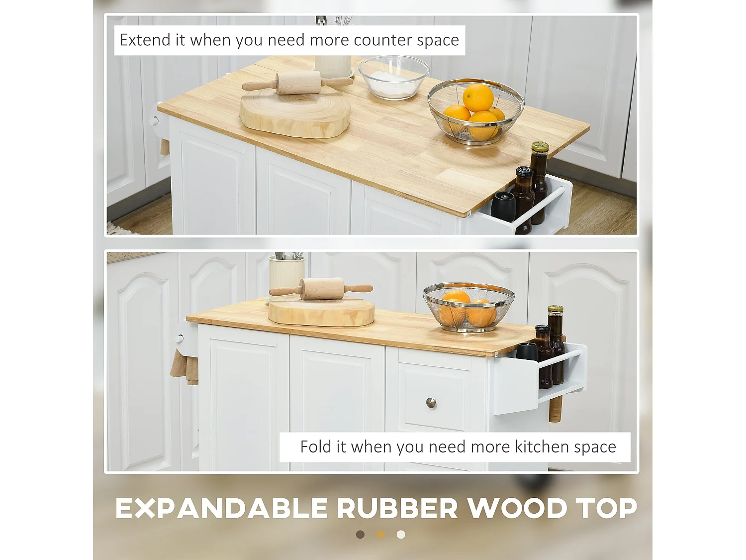 Cosoco Noli White Rolling Kitchen Island with Drop Leaf 3 Drawers Spice Rack and Towel Rail