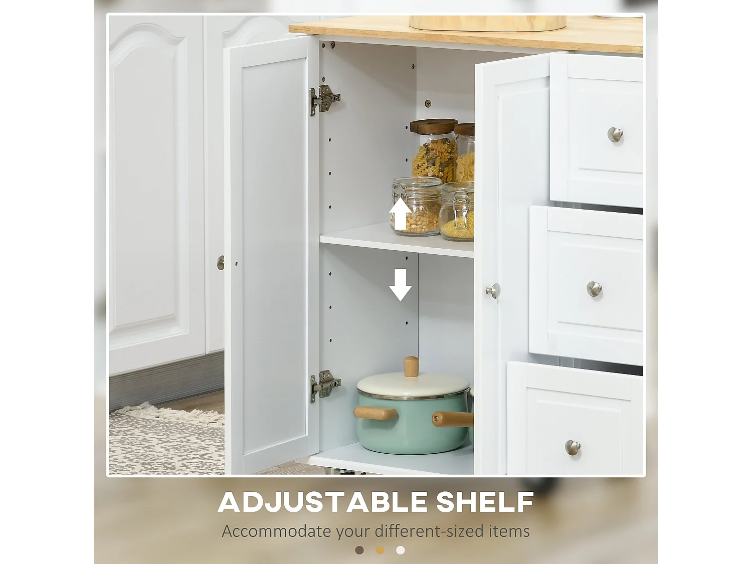 Cosoco Noli White Rolling Kitchen Island with Drop Leaf 3 Drawers Spice Rack and Towel Rail