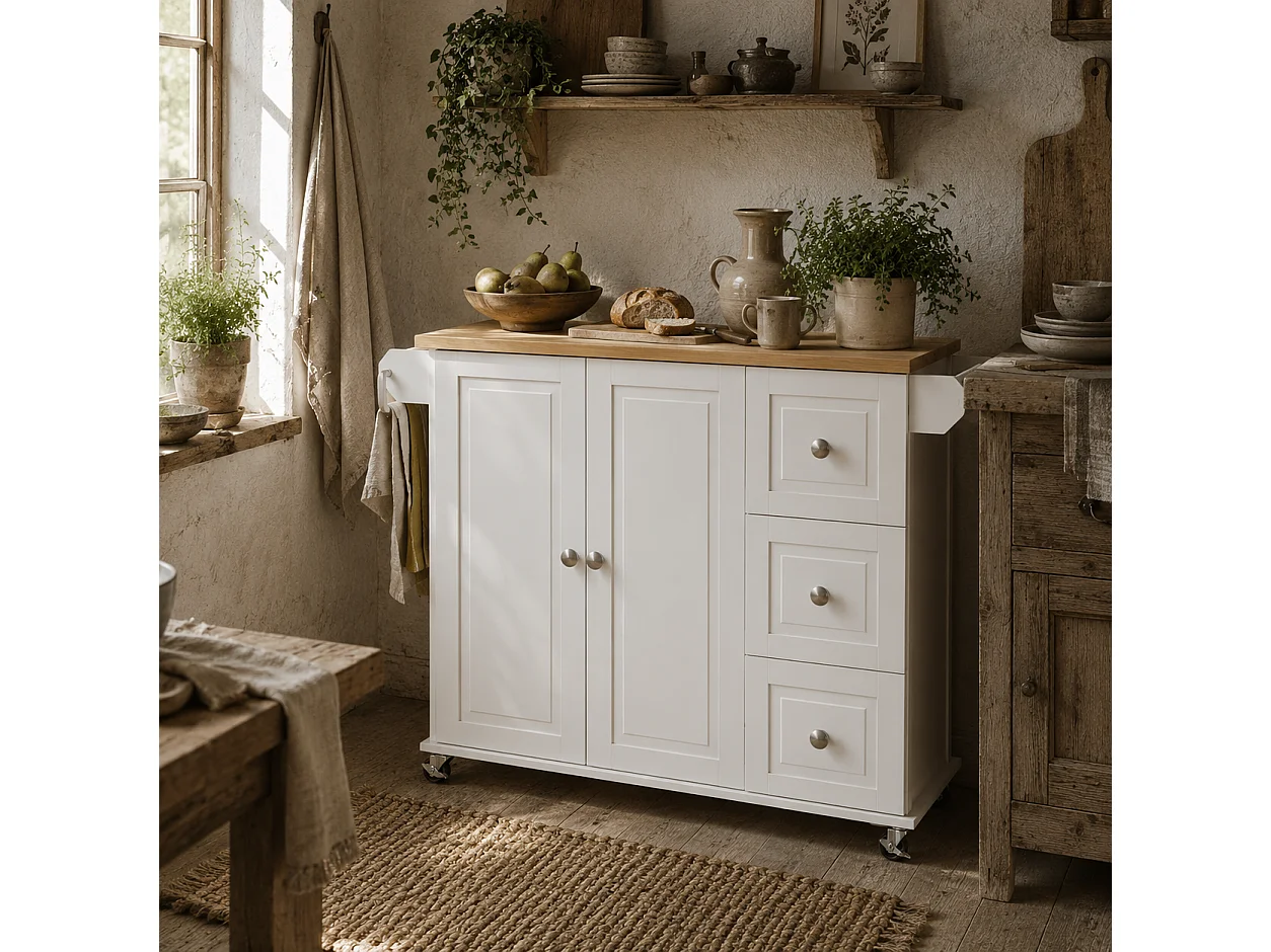 Cosoco Noli White Rolling Kitchen Island with Drop Leaf 3 Drawers Spice Rack and Towel Rail
