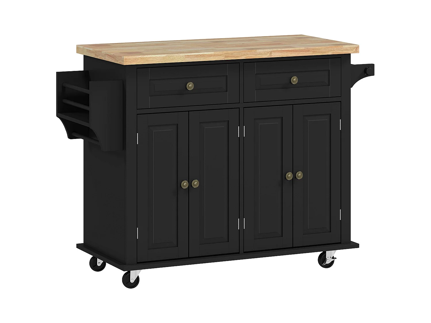 Black Rolling Kitchen Island with Rubberwood Top Drawers and Storage