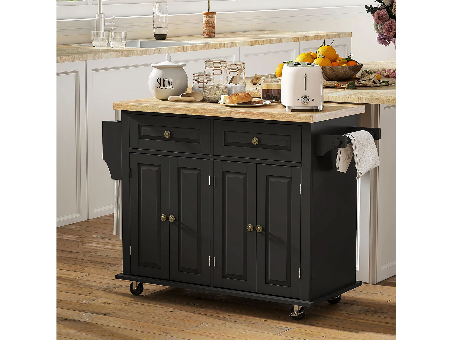 Black Rolling Kitchen Island with Rubberwood Top Drawers and Storage