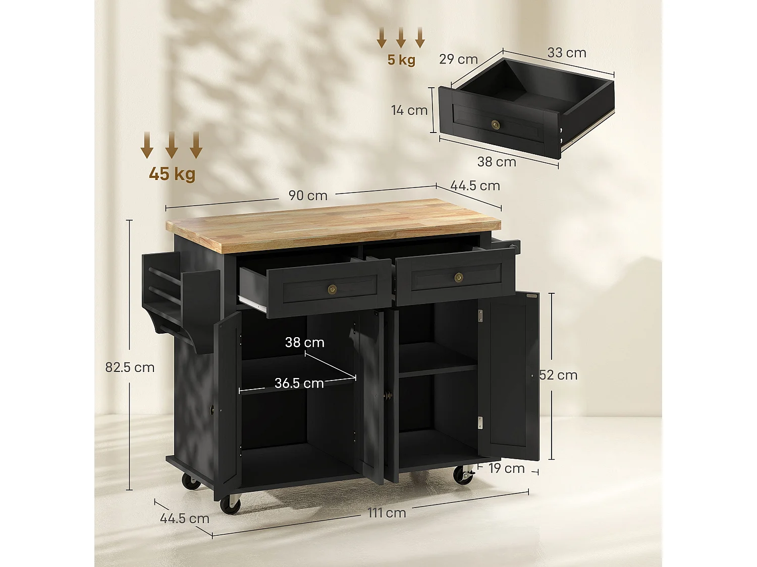 Black Rolling Kitchen Island with Rubberwood Top Drawers and Storage