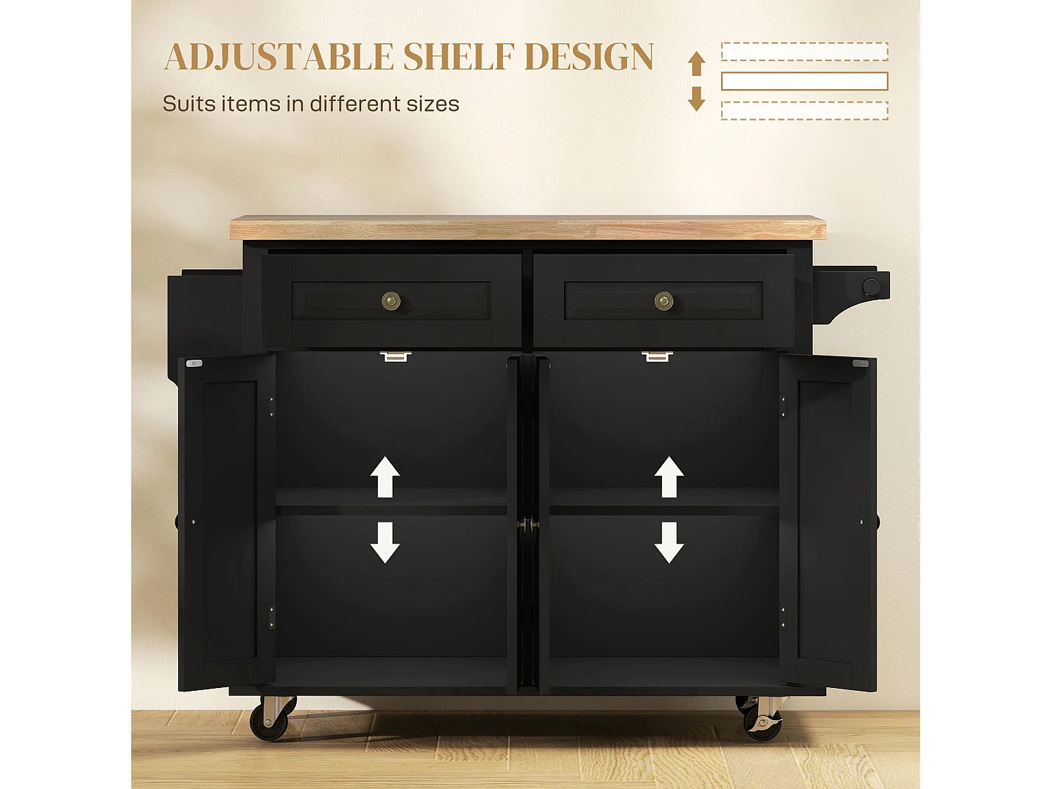 Black Rolling Kitchen Island with Rubberwood Top Drawers and Storage