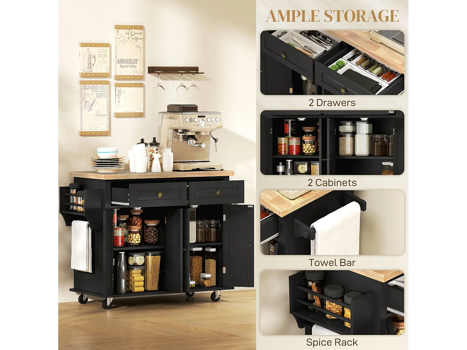 Black Rolling Kitchen Island with Rubberwood Top Drawers and Storage