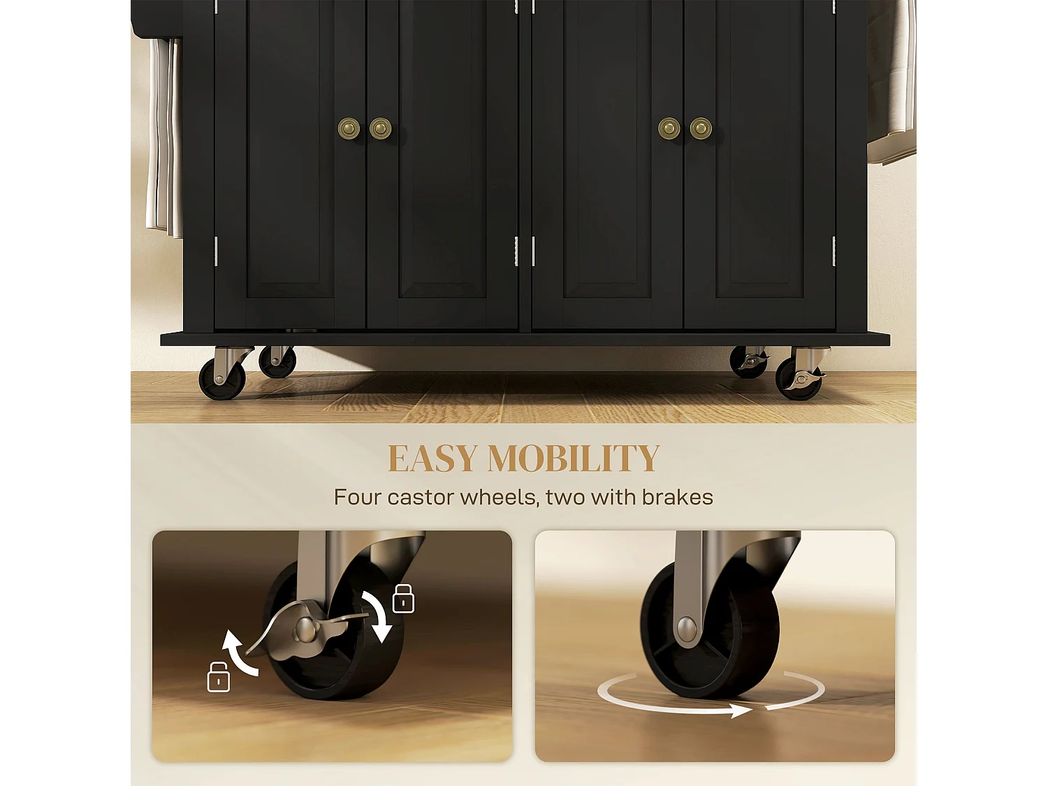 Black Rolling Kitchen Island with Rubberwood Top Drawers and Storage