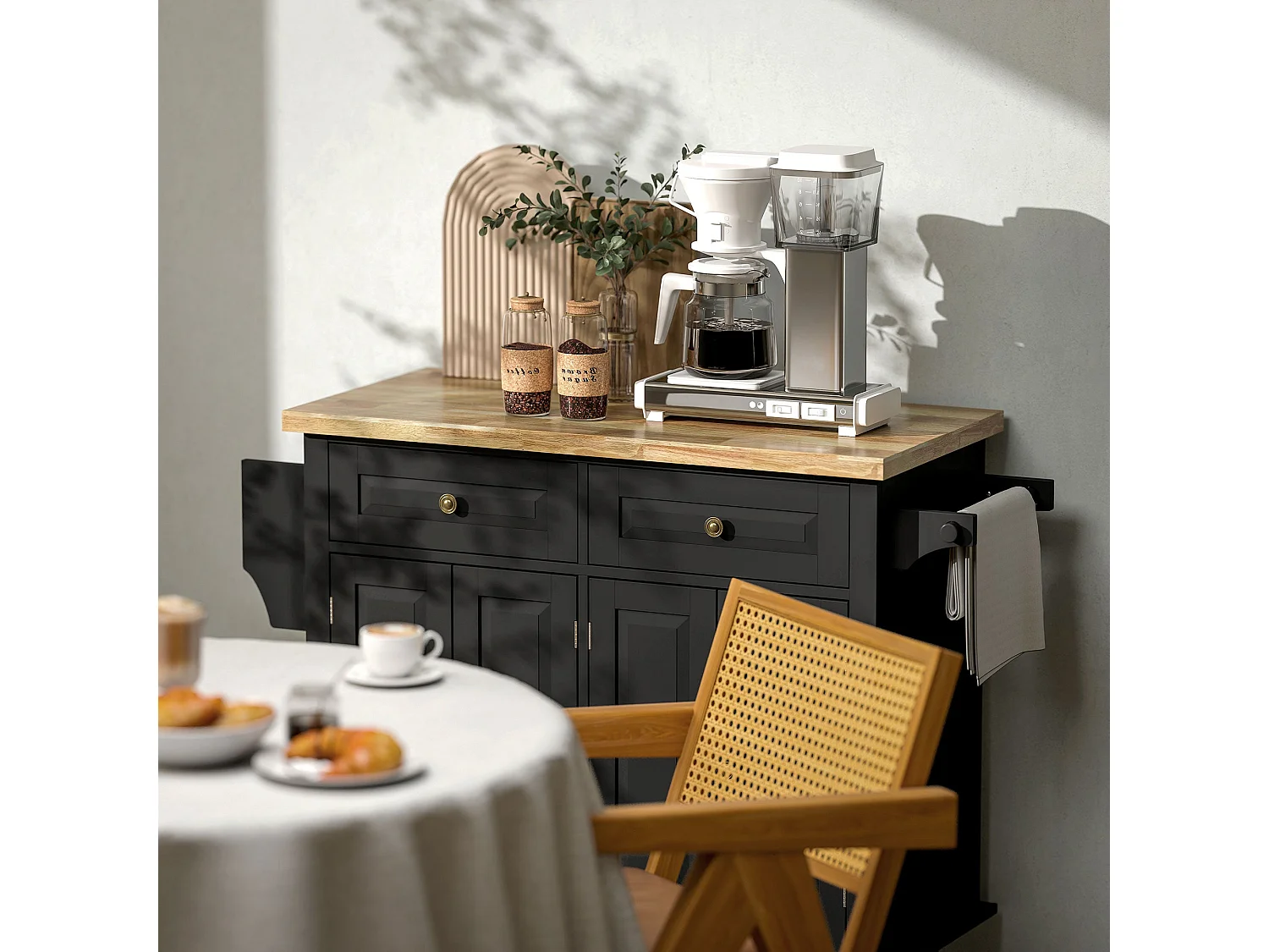 Black Rolling Kitchen Island with Rubberwood Top Drawers and Storage
