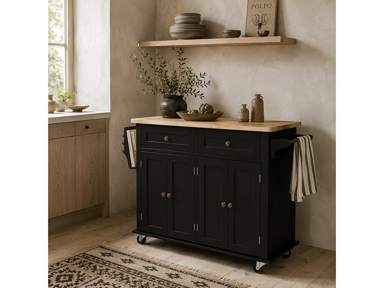 Black Rolling Kitchen Island with Rubberwood Top Drawers and Storage