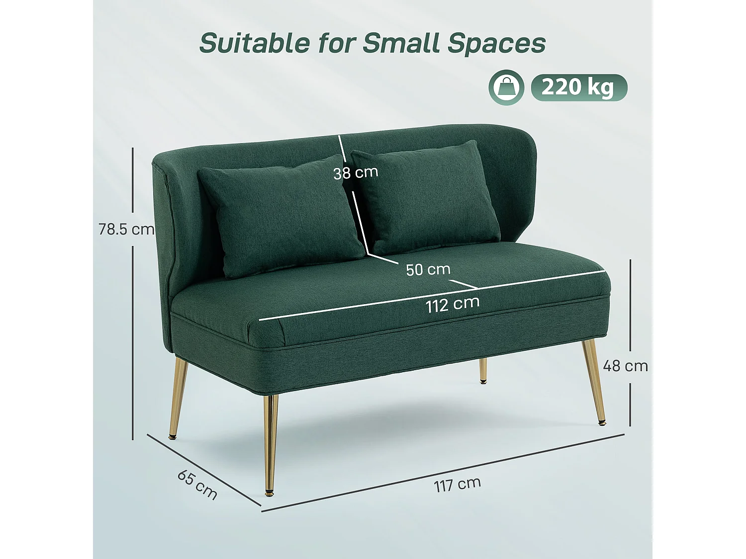 Madi Linen Effect Dark Green 2 Seater Sofa Wingback Club Design with Gold Metal Legs