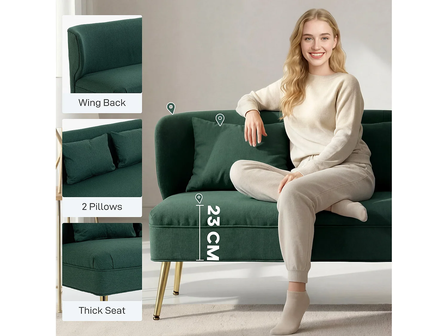 Madi Linen Effect Dark Green 2 Seater Sofa Wingback Club Design with Gold Metal Legs