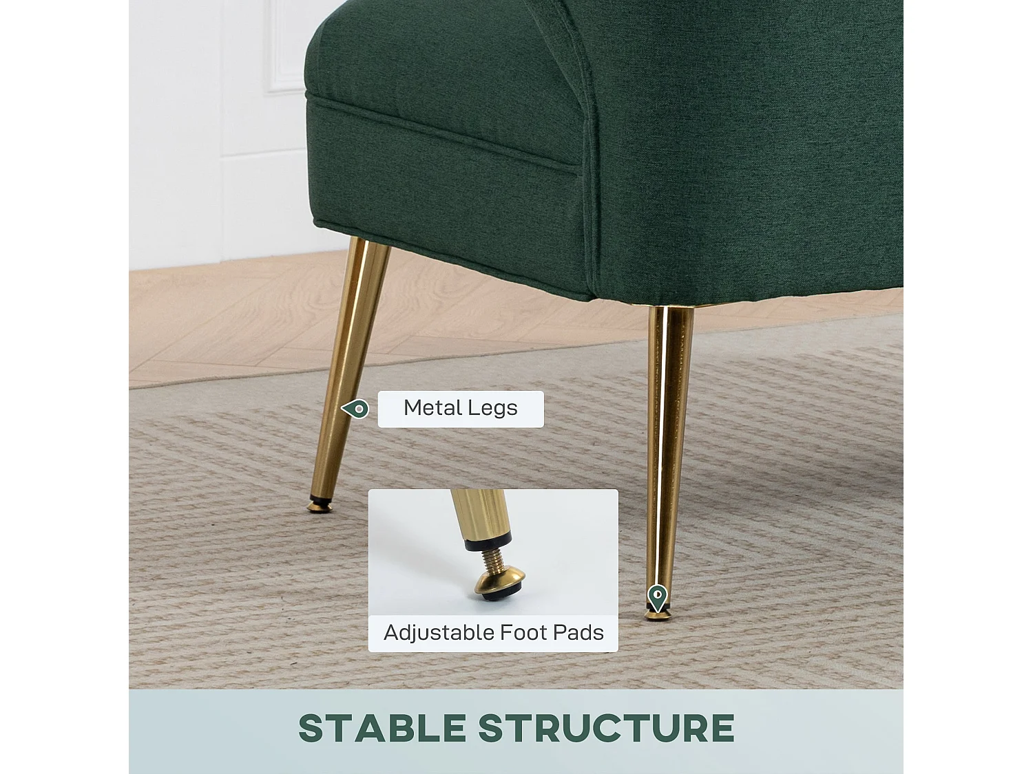 Madi Linen Effect Dark Green 2 Seater Sofa Wingback Club Design with Gold Metal Legs