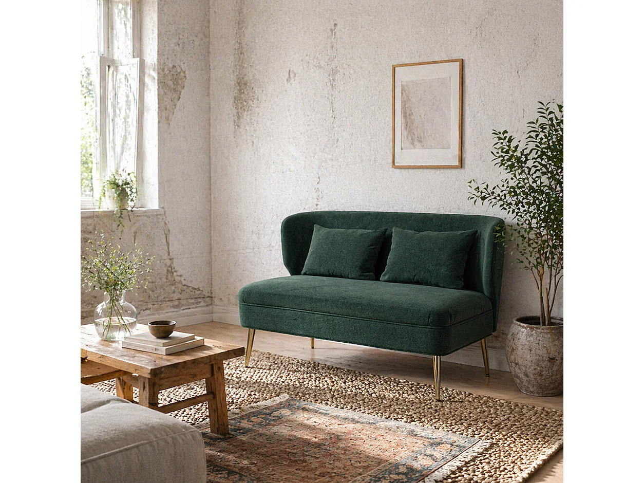 Madi Linen Effect Dark Green 2 Seater Sofa Wingback Club Design with Gold Metal Legs