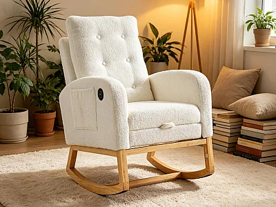 Gungstol i mjukt plyschtyg - justerbart fotstöd och sidofickor - USB-port - 66,5x121,5x102 cm - vit