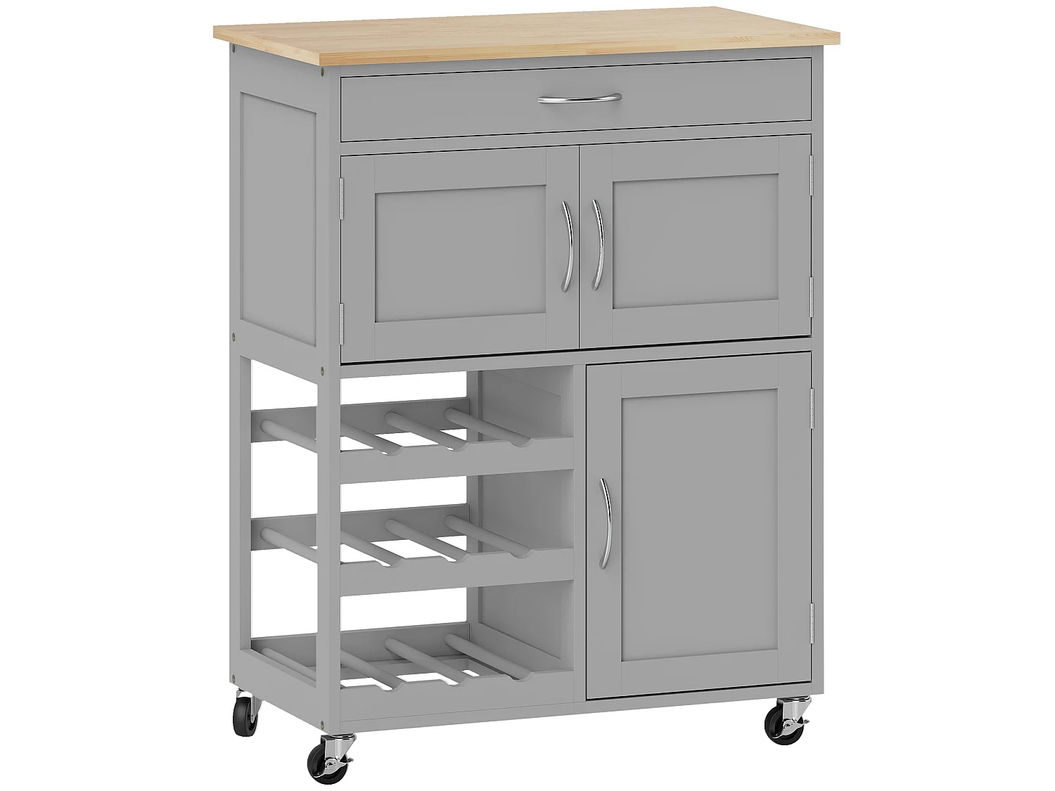 Lehari Grey Rolling Kitchen Island Rubberwood Top Drawer Wine Rack and Cabinets