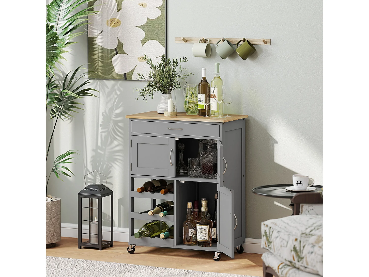 Lehari Grey Rolling Kitchen Island Rubberwood Top Drawer Wine Rack and Cabinets