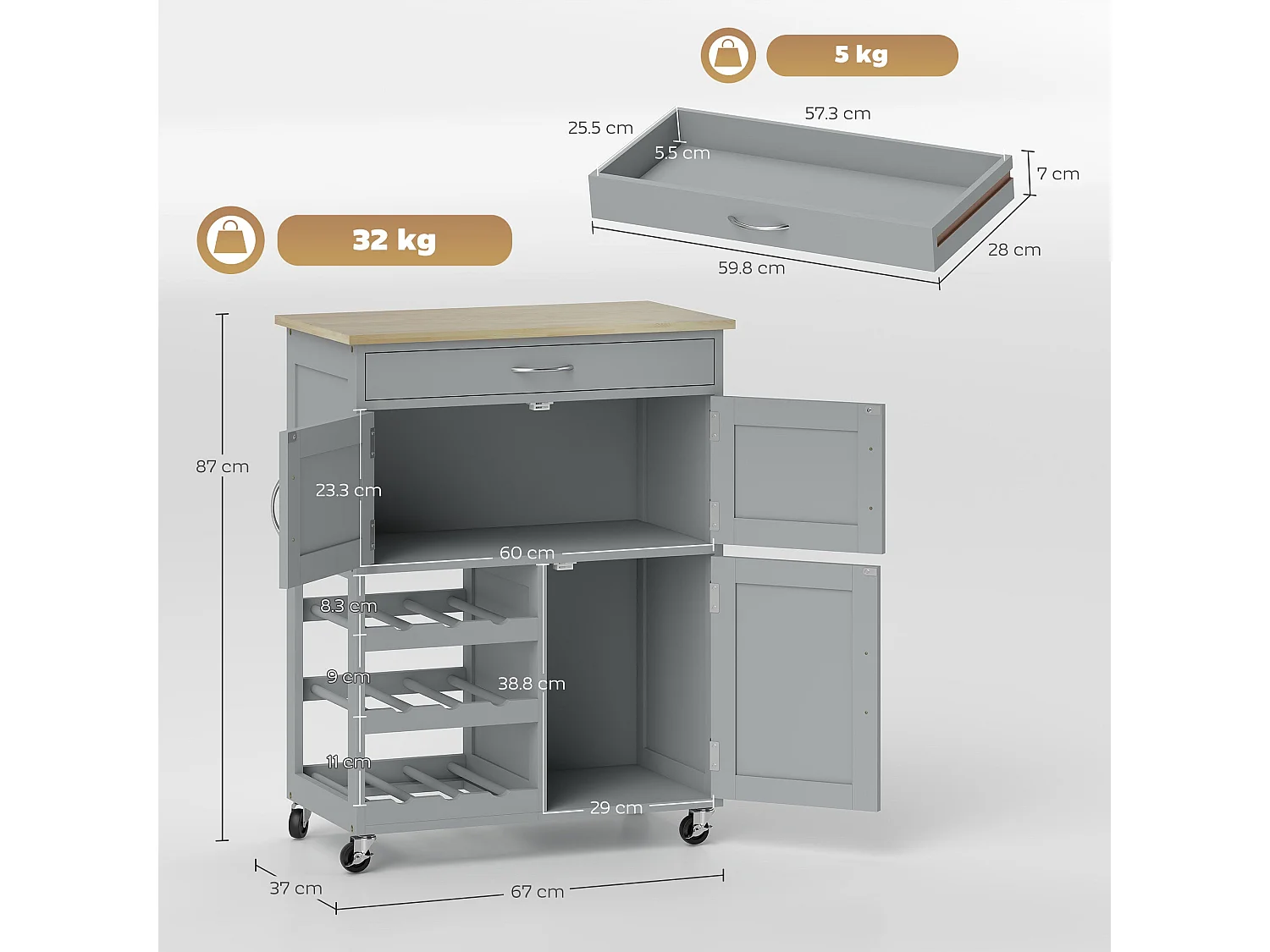 Lehari Grey Rolling Kitchen Island Rubberwood Top Drawer Wine Rack and Cabinets