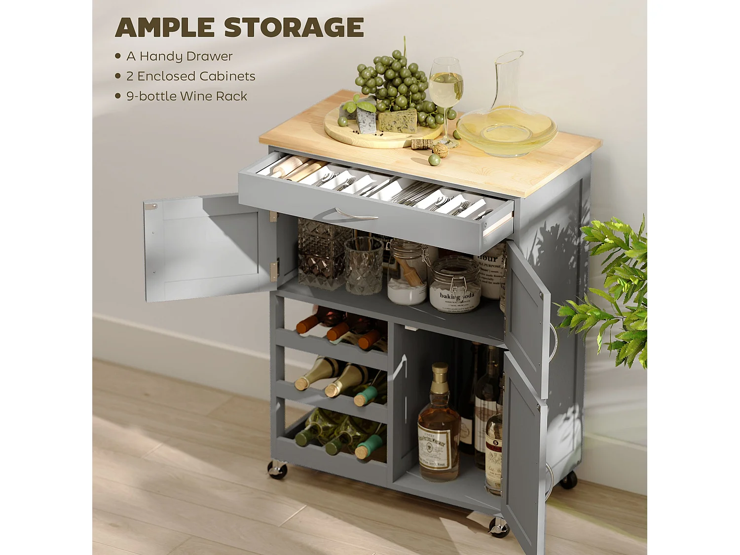 Lehari Grey Rolling Kitchen Island Rubberwood Top Drawer Wine Rack and Cabinets
