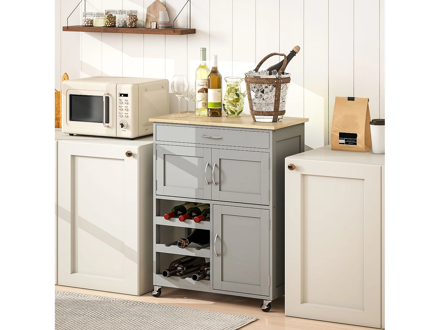 Lehari Grey Rolling Kitchen Island Rubberwood Top Drawer Wine Rack and Cabinets