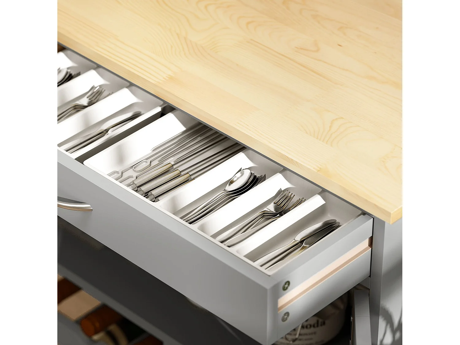Lehari Grey Rolling Kitchen Island Rubberwood Top Drawer Wine Rack and Cabinets