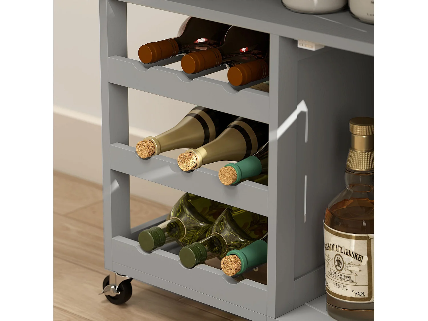 Lehari Grey Rolling Kitchen Island Rubberwood Top Drawer Wine Rack and Cabinets