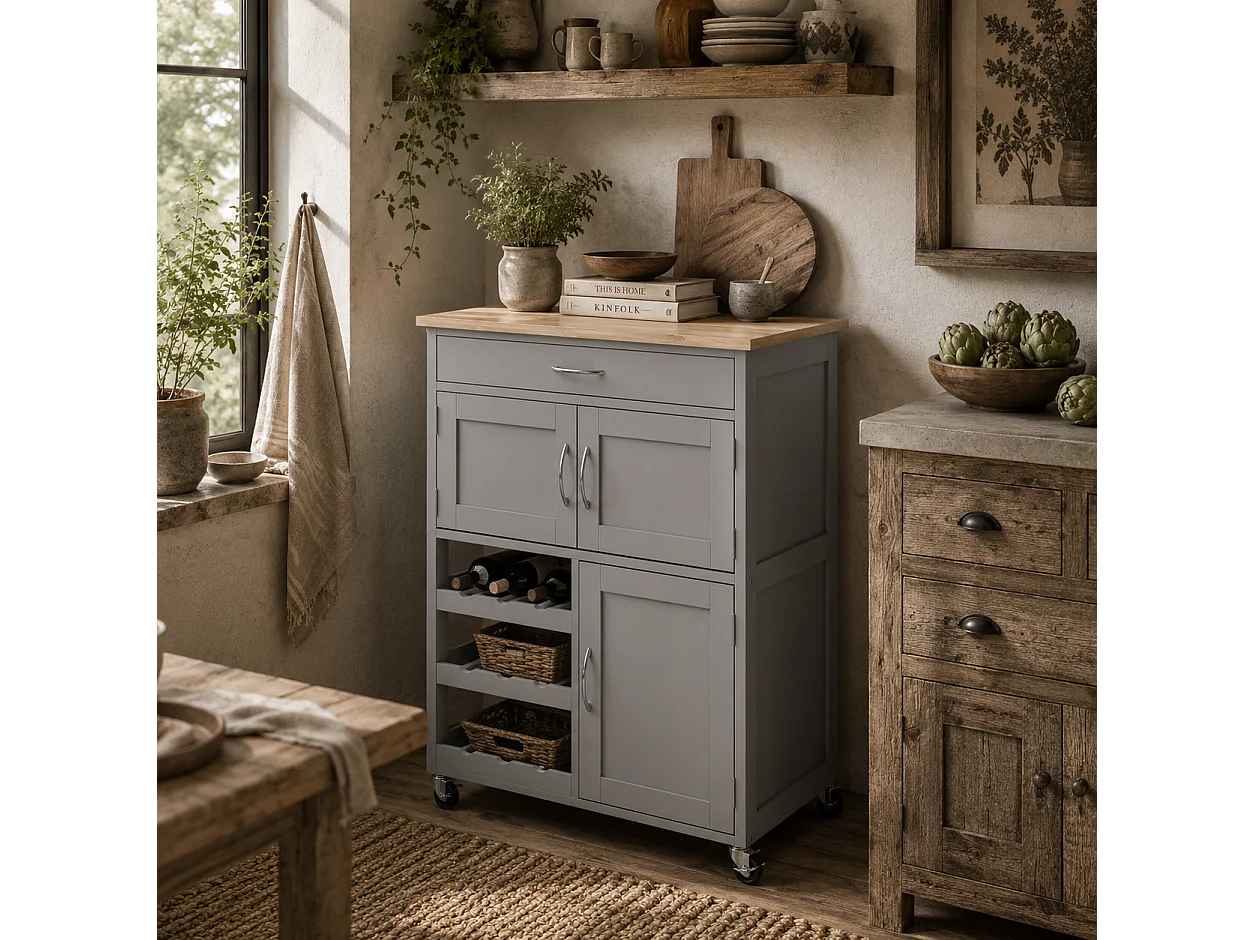 Lehari Grey Rolling Kitchen Island Rubberwood Top Drawer Wine Rack and Cabinets