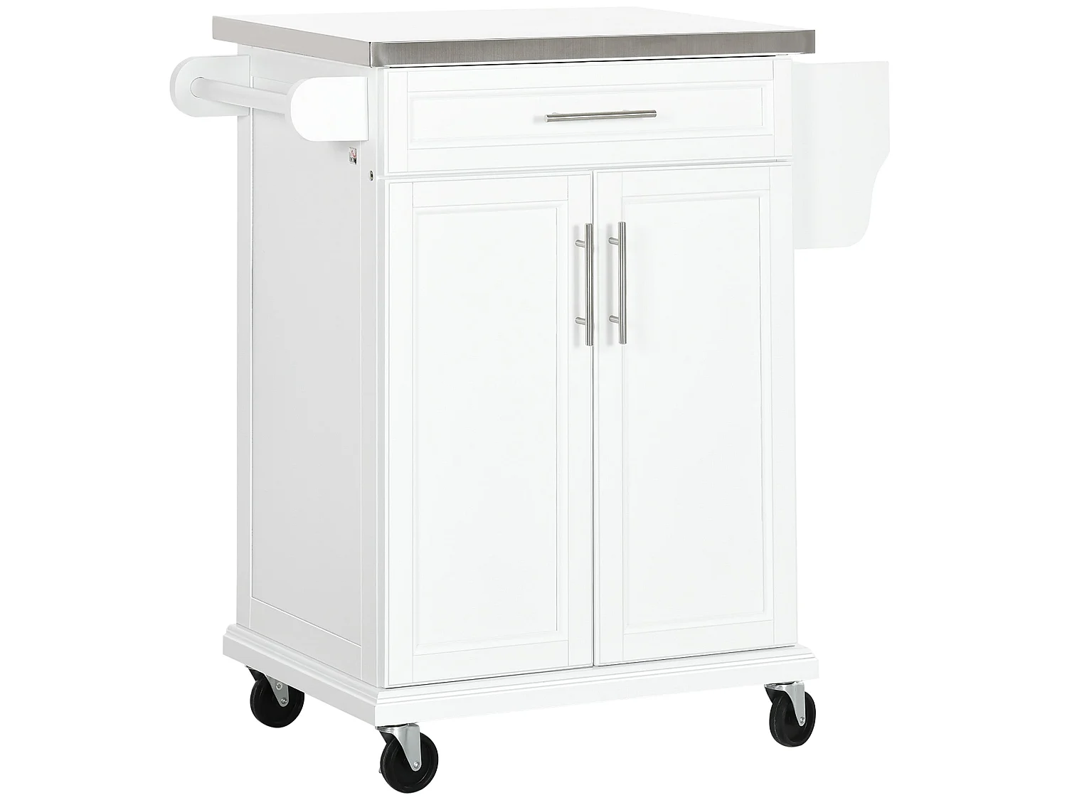 Nenapa White Kitchen Island on Wheels with Stainless Steel Top Drawer and Side Racks